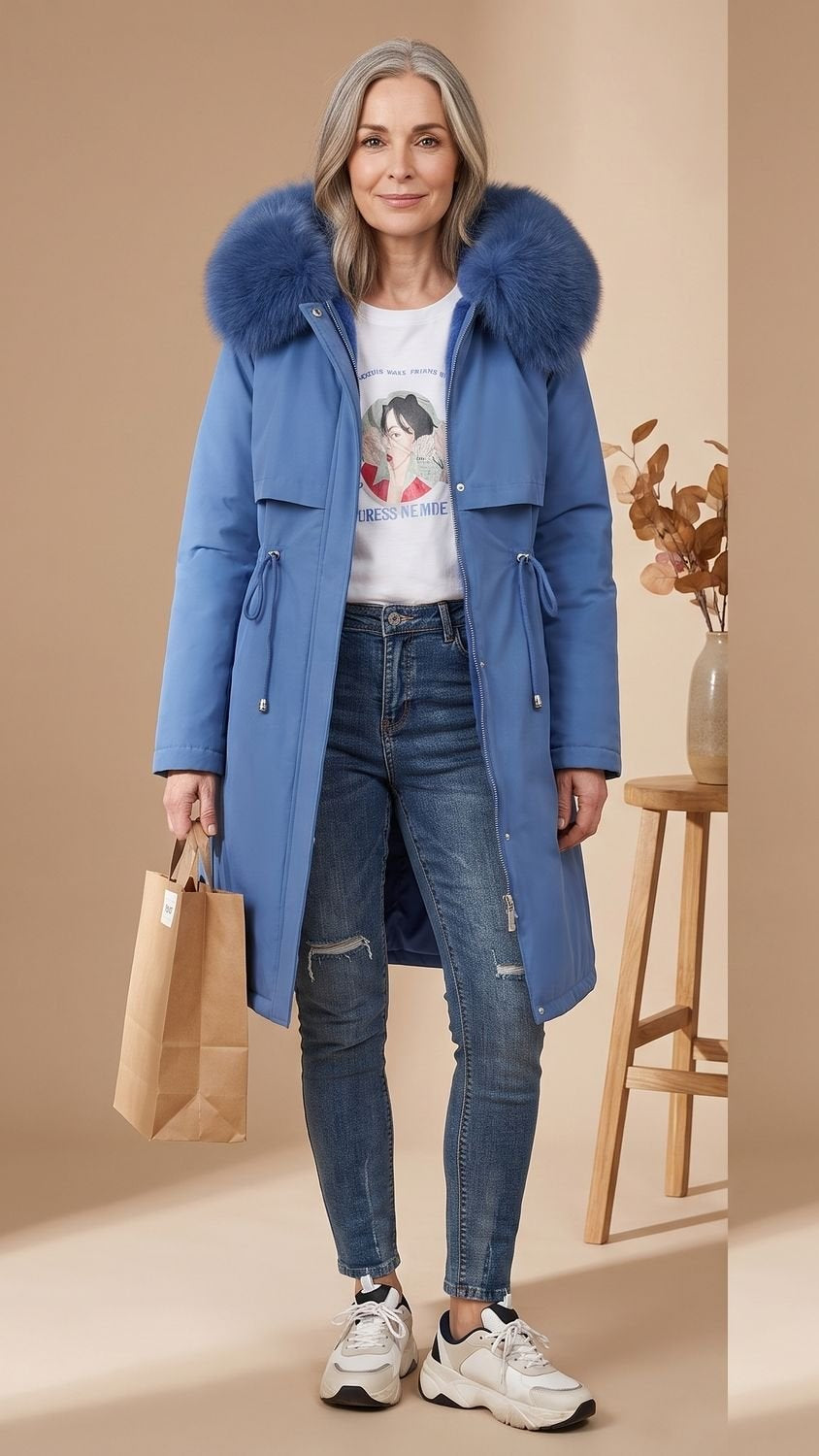 Damen Wasserdichter Winterparka mit Kunstfellkragen und Kapuze - Blau