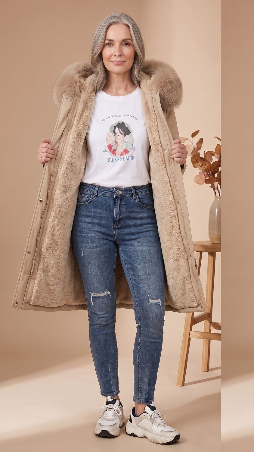Damen Wasserdichter Winterparka mit Kunstfellkragen und Kapuze - Beige