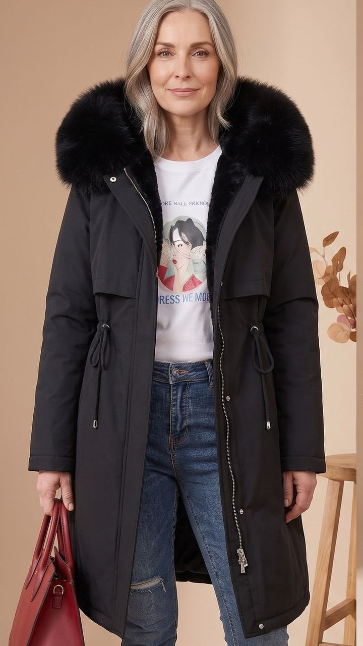 Damen Wasserdichter Winterparka mit Kunstfellkragen und Kapuze - Schwarz