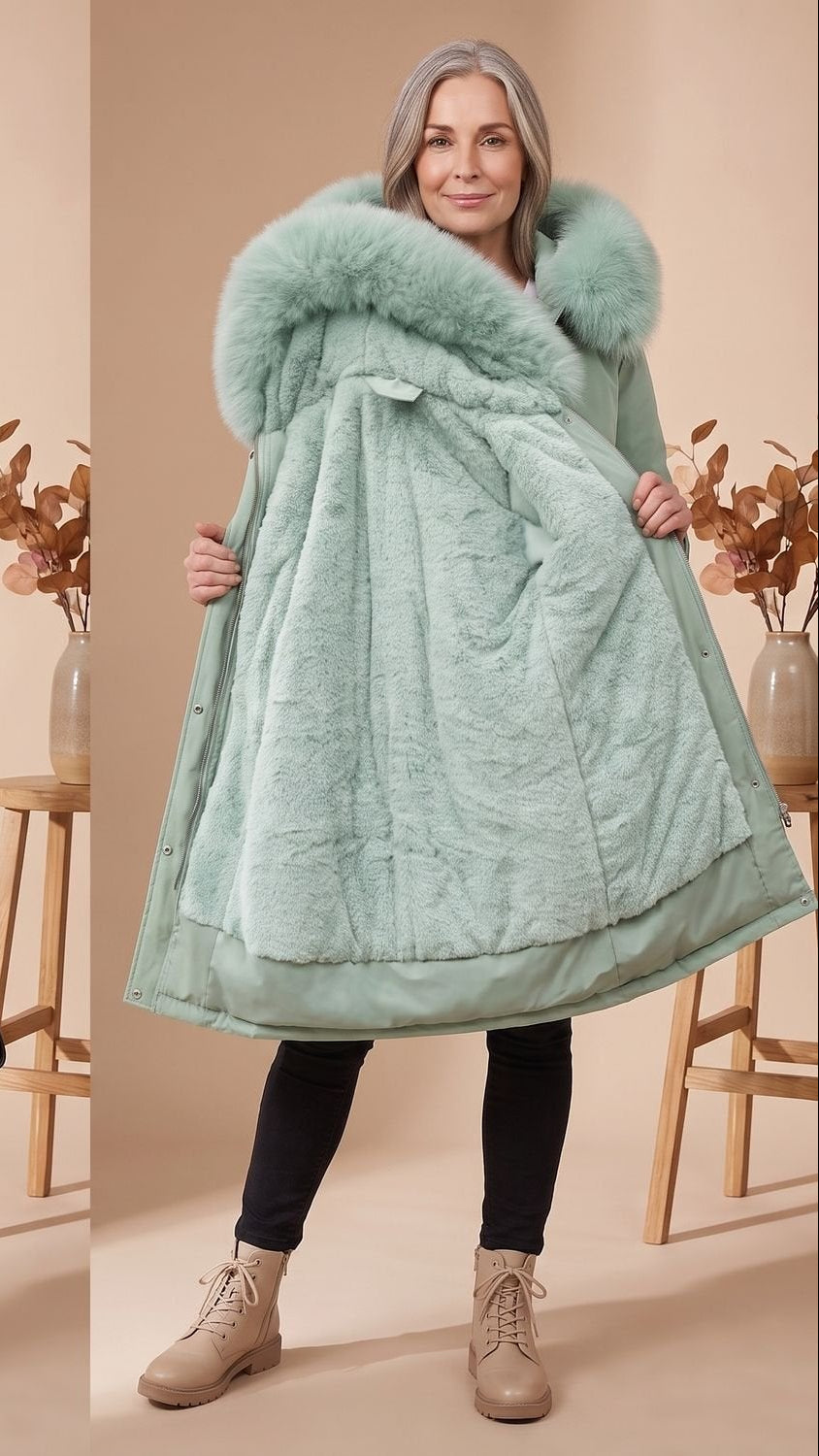 Damen Wasserdichter Winterparka mit Kunstfellkragen und Kapuze - Grün