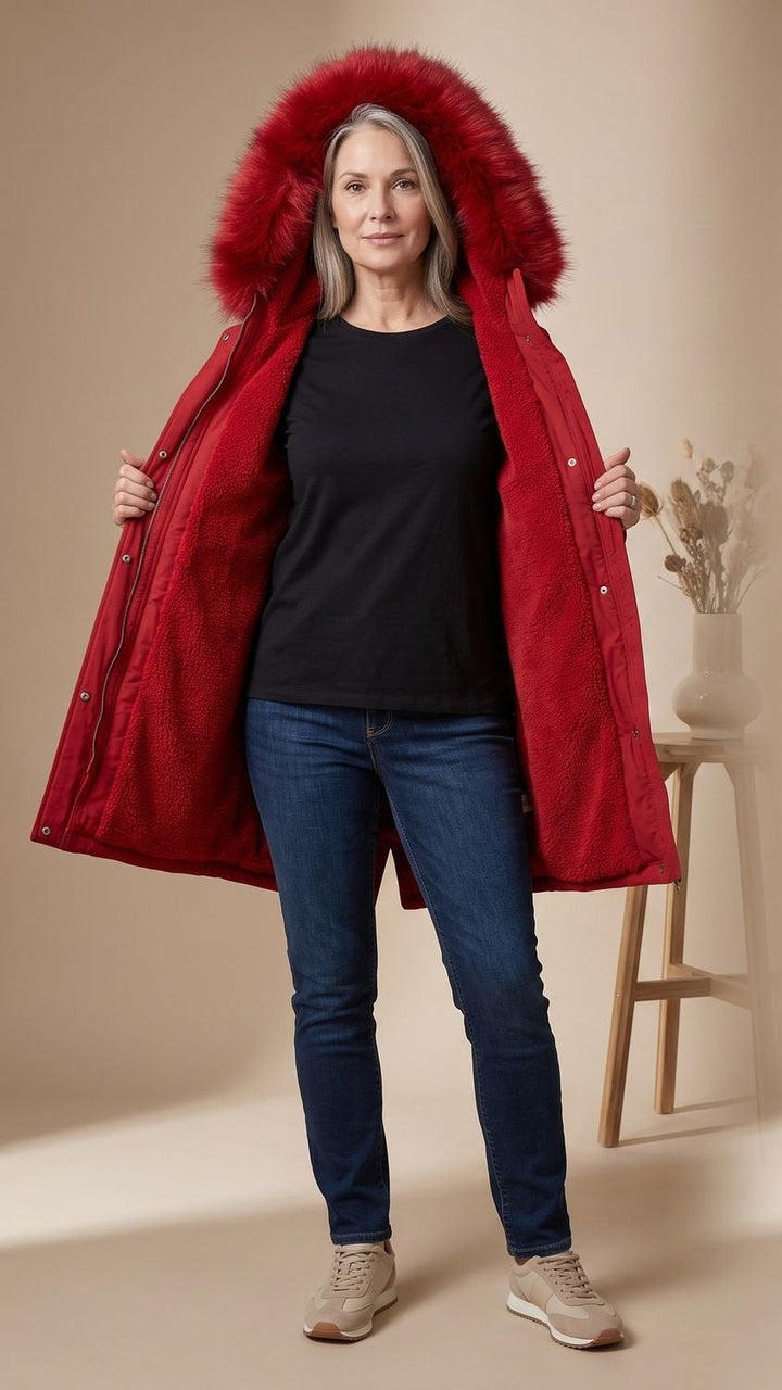 Damen Wasserdichter Winterparka mit Kunstfellkragen und Kapuze - Rot