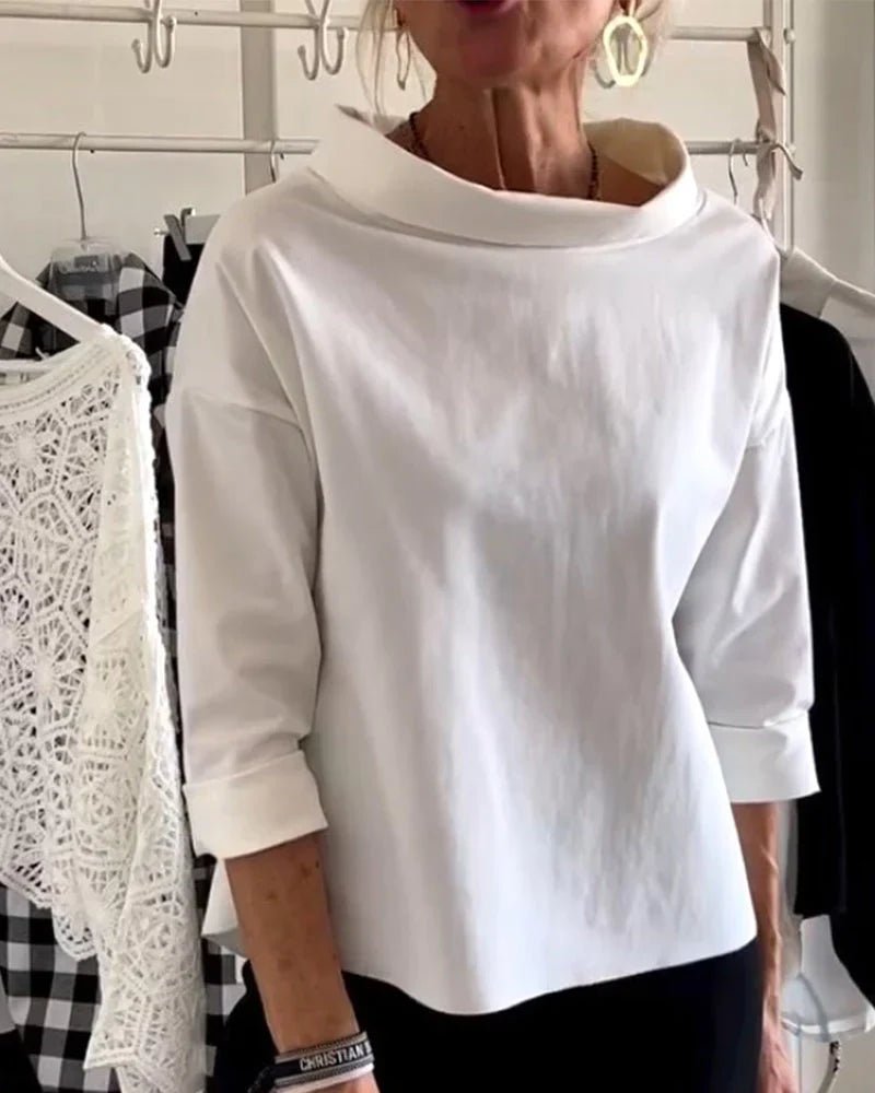 Damen Wasserfallkragen Dreiviertelarm Casual Oberteil - White