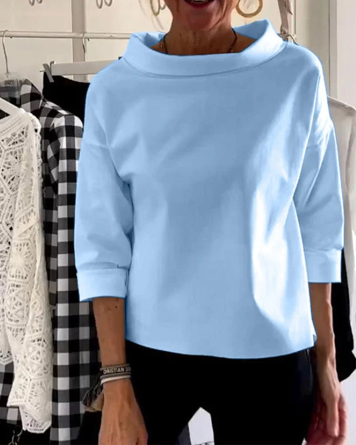 Damen Wasserfallkragen Dreiviertelarm Casual Oberteil - Blue