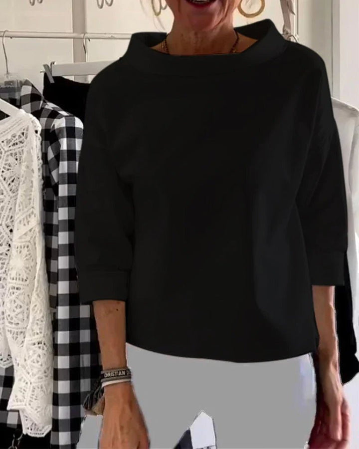 Damen Wasserfallkragen Dreiviertelarm Casual Oberteil - Black