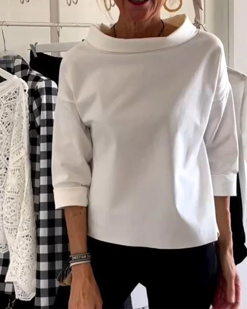 Damen Wasserfallkragen Dreiviertelarm Casual Oberteil