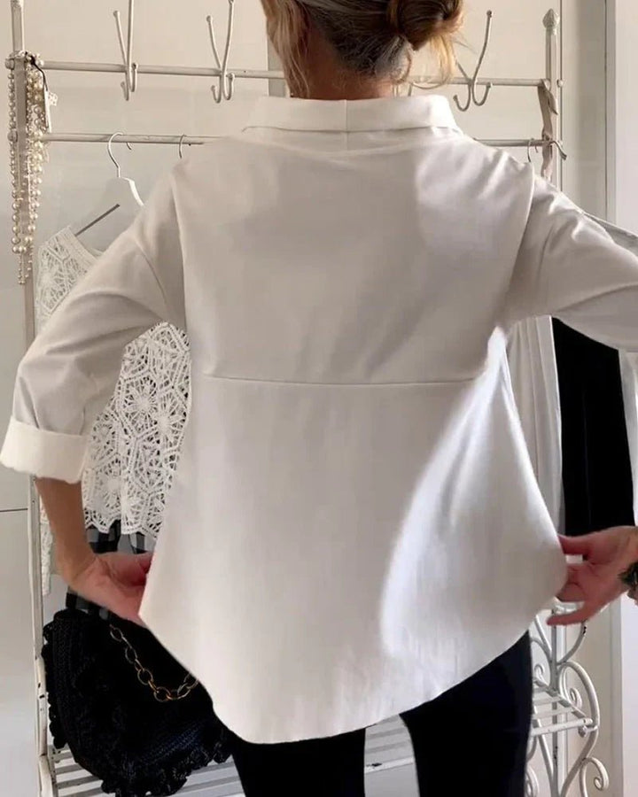 Damen Wasserfallkragen Dreiviertelarm Casual Oberteil