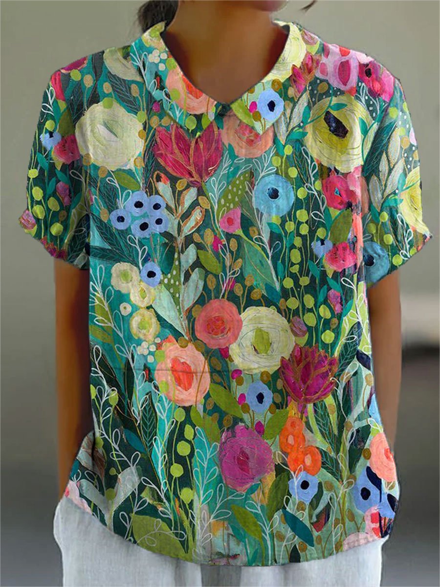 Damen Watercolor Blumen Kurzarm Bluse - Multicolor