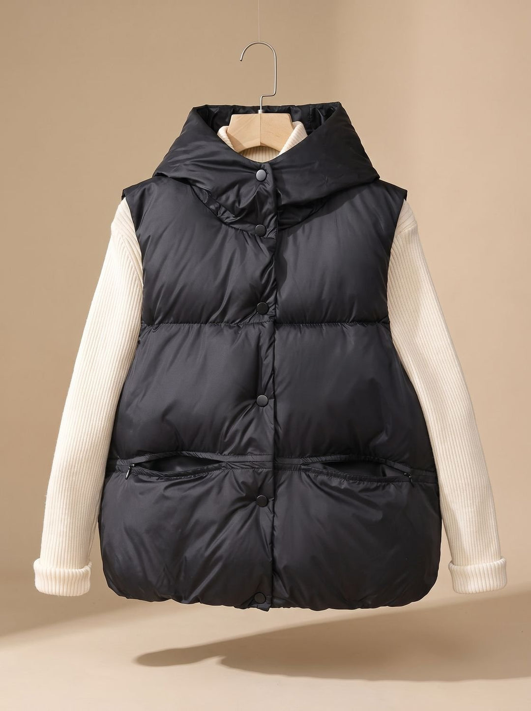Damen Wattierter Bodywarmer mit Kapuze Druckknopf Stehkragen - Schwarz