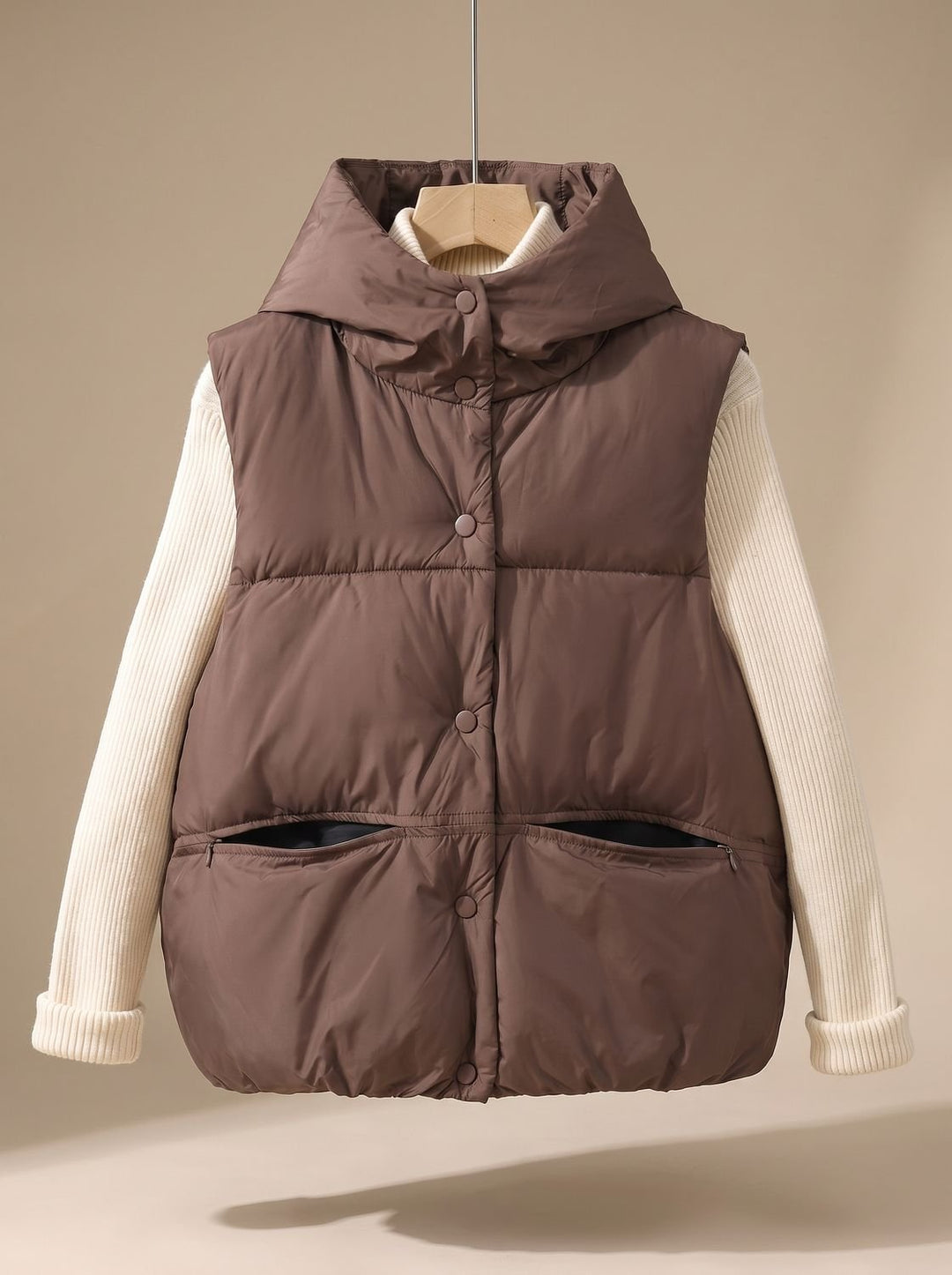 Damen Wattierter Bodywarmer mit Kapuze Druckknopf Stehkragen - Braun