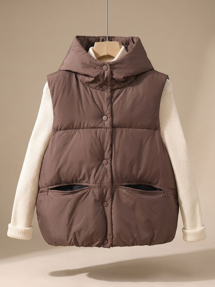 Damen Wattierter Bodywarmer mit Kapuze Druckknopf Stehkragen - Braun