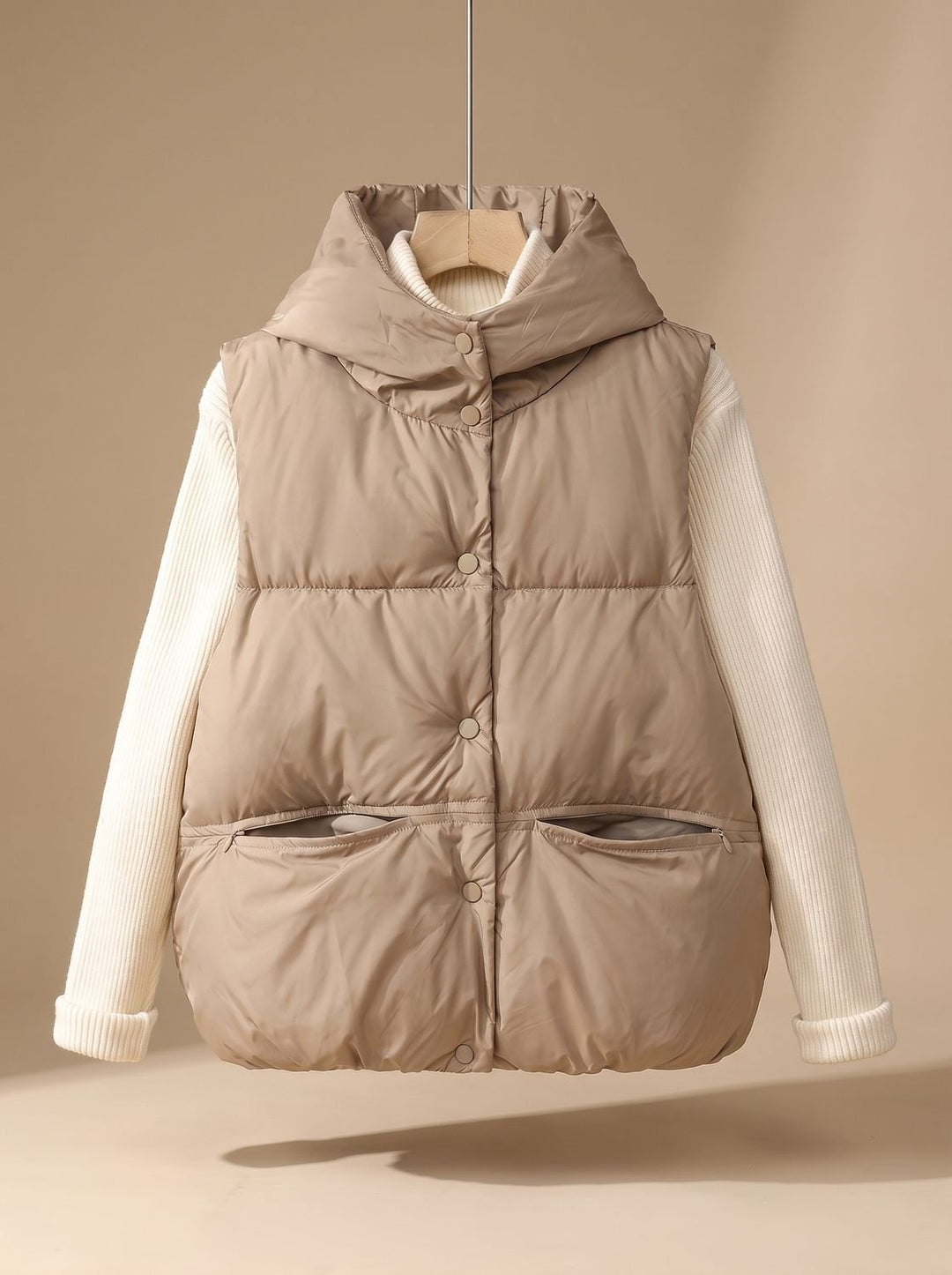 Damen Wattierter Bodywarmer mit Kapuze Druckknopf Stehkragen - Khaki