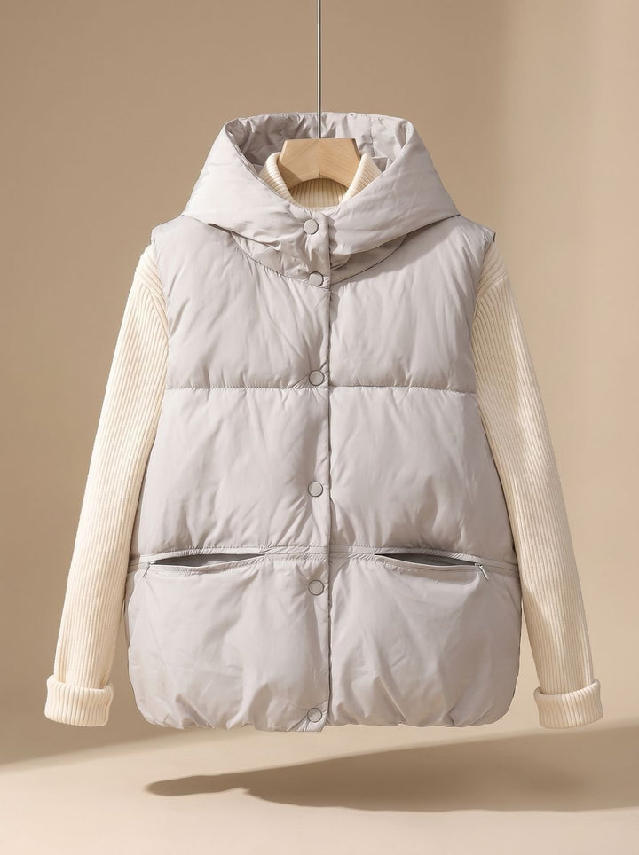 Damen Wattierter Bodywarmer mit Kapuze Druckknopf Stehkragen - Milchtee