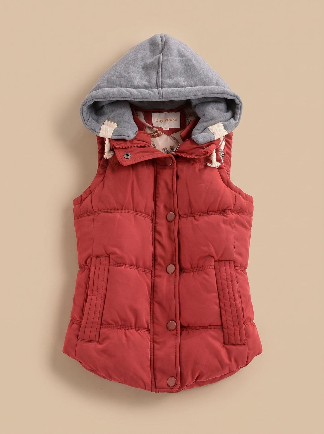Damen Wattierter Bodywarmer mit Kontrastkapuze Druckknopfleiste - Weinrot