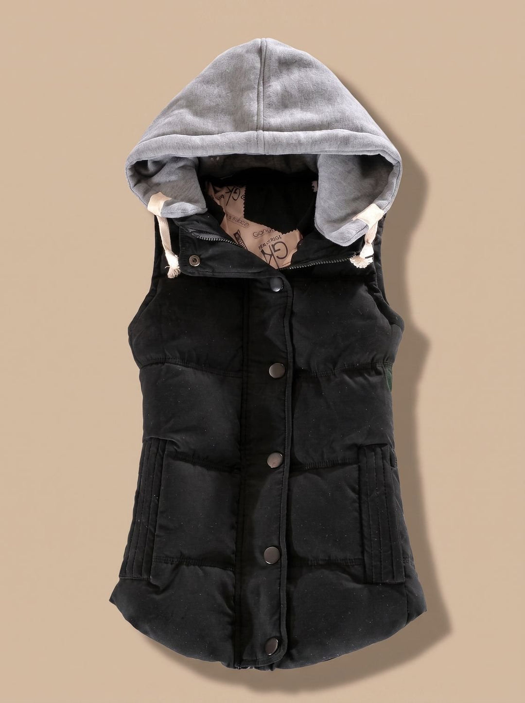 Damen Wattierter Bodywarmer mit Kontrastkapuze Druckknopfleiste - Schwarz