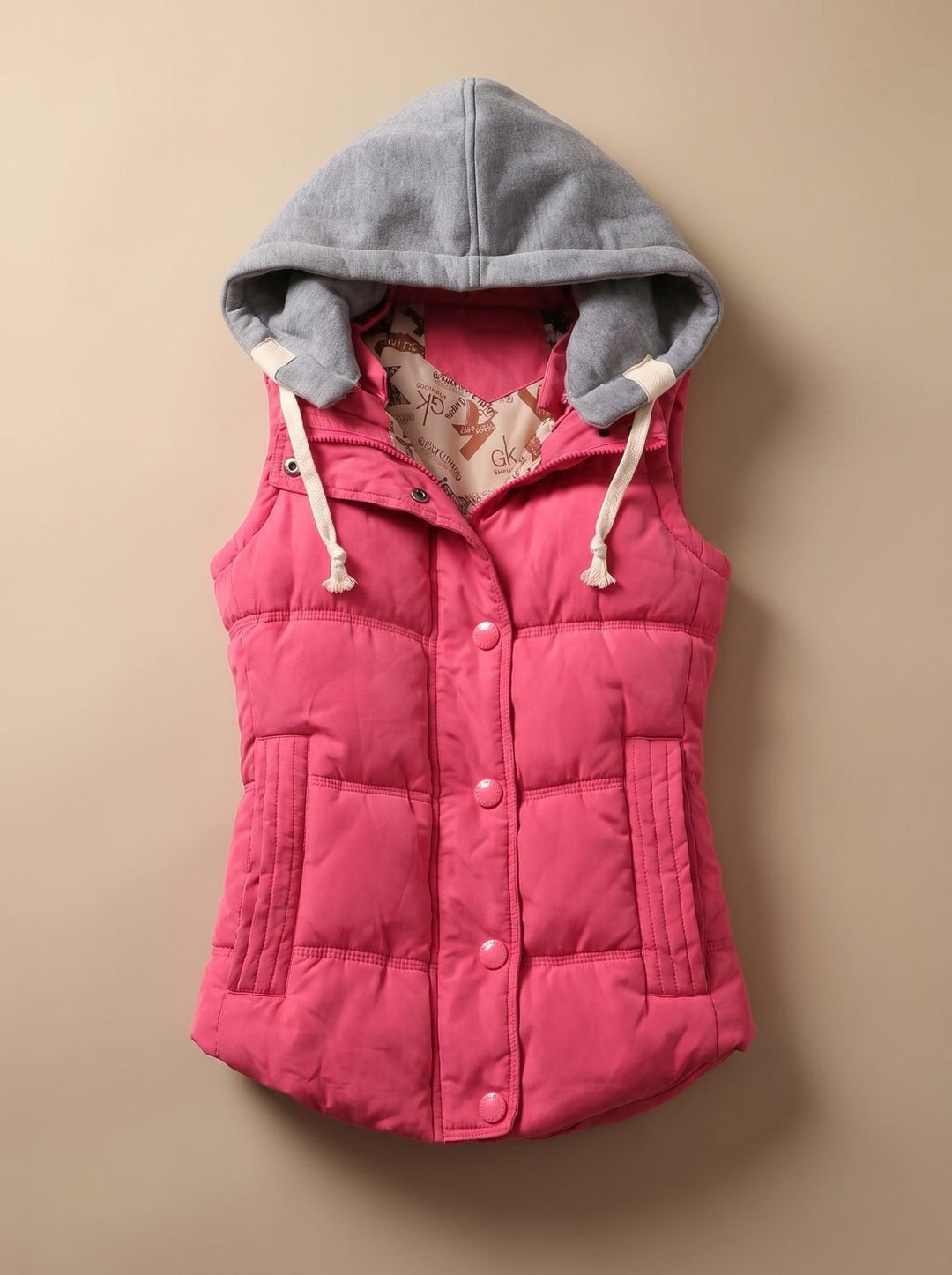 Damen Wattierter Bodywarmer mit Kontrastkapuze Druckknopfleiste - Fuchsia