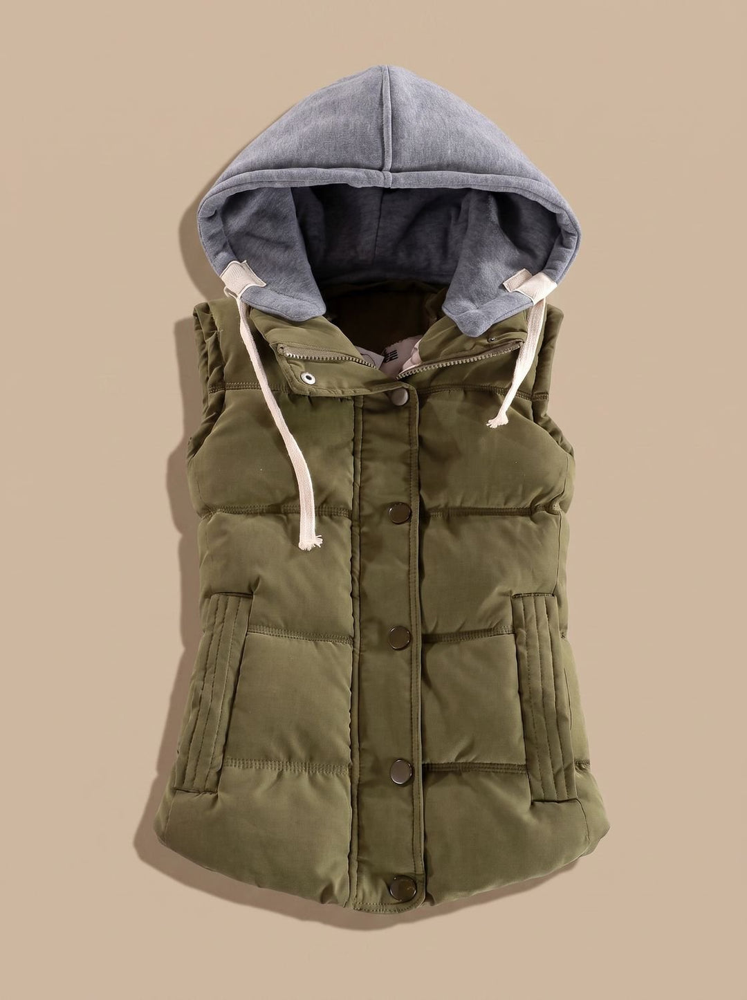 Damen Wattierter Bodywarmer mit Kontrastkapuze Druckknopfleiste - Olivgrün