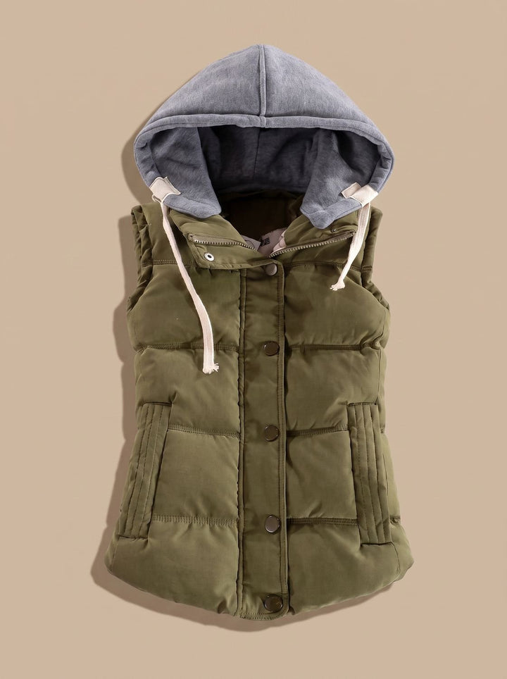 Damen Wattierter Bodywarmer mit Kontrastkapuze Druckknopfleiste - Olivgrün