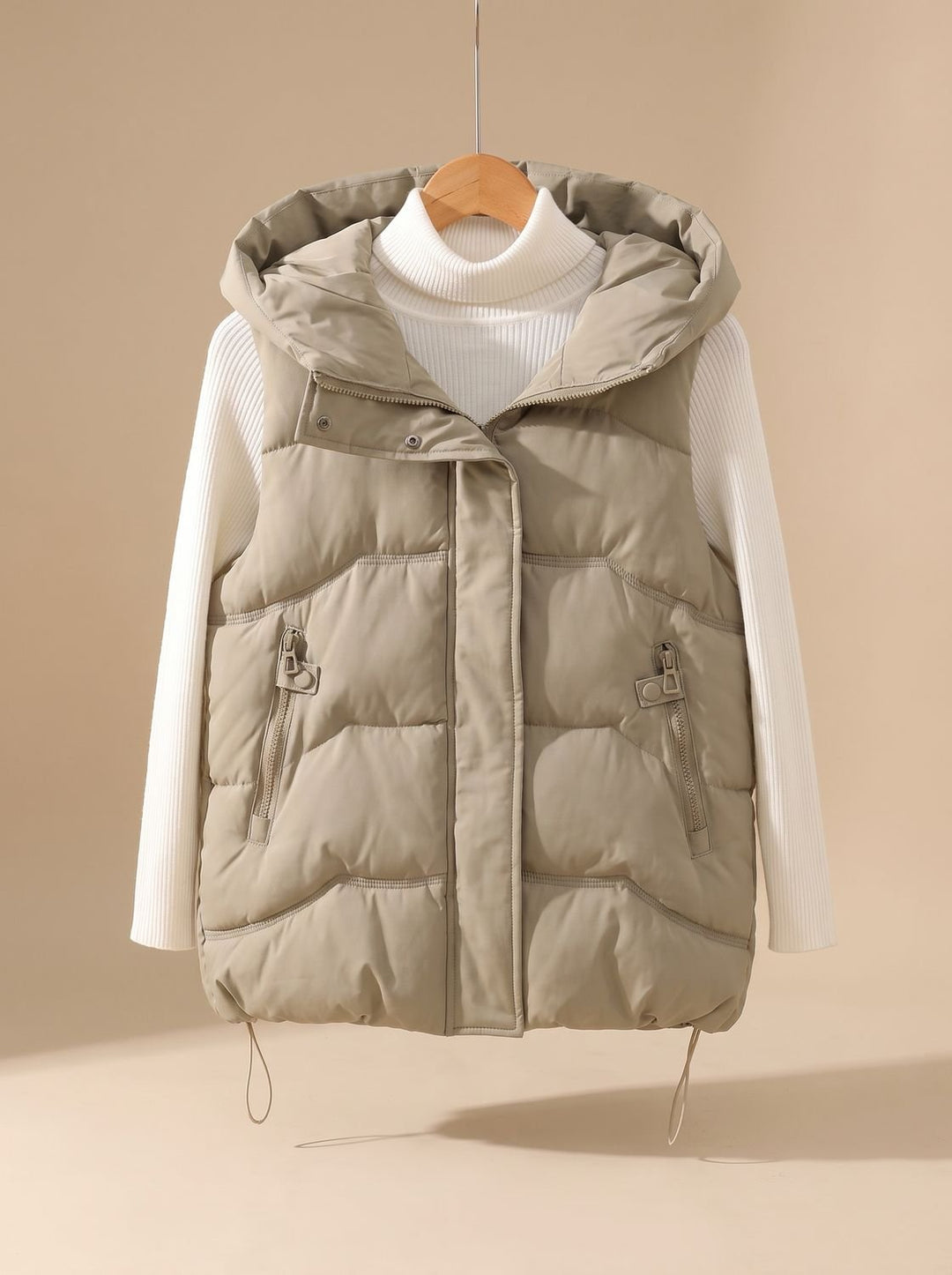 Damen Wattierter Kapuzen-Bodywarmer mit Reißverschlusstaschen - Khaki