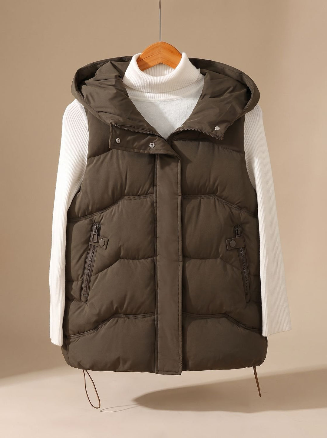 Damen Wattierter Kapuzen-Bodywarmer mit Reißverschlusstaschen - Braun