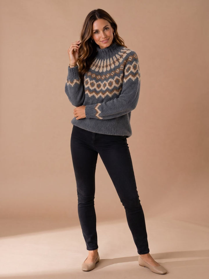 Damen Weihnachtspullover Fair-Isle Rollkragen Strickpullover - Grau