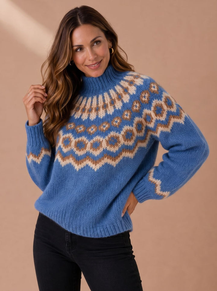 Damen Weihnachtspullover Fair-Isle Rollkragen Strickpullover - Blau