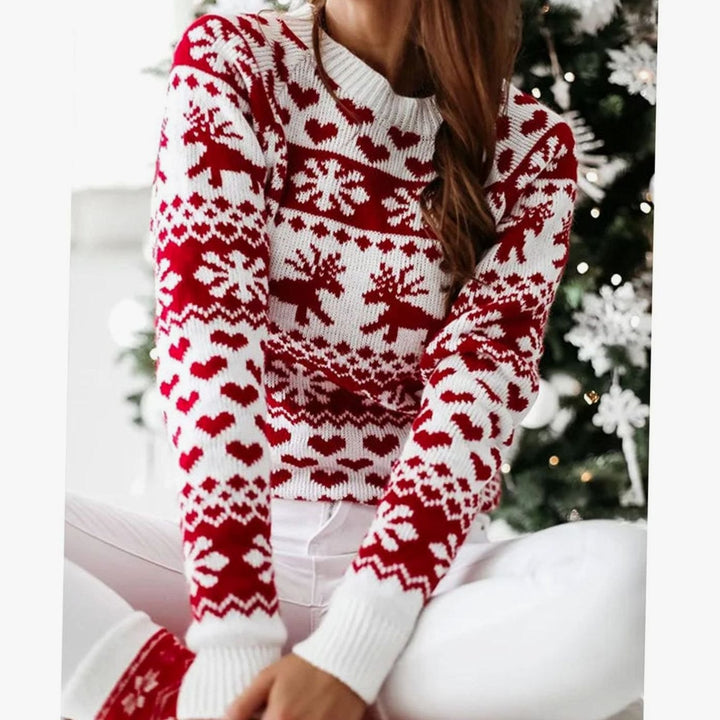 Damen Weihnachtspullover Fair-Isle-Strick Rentier Schneeflocke Rundhals