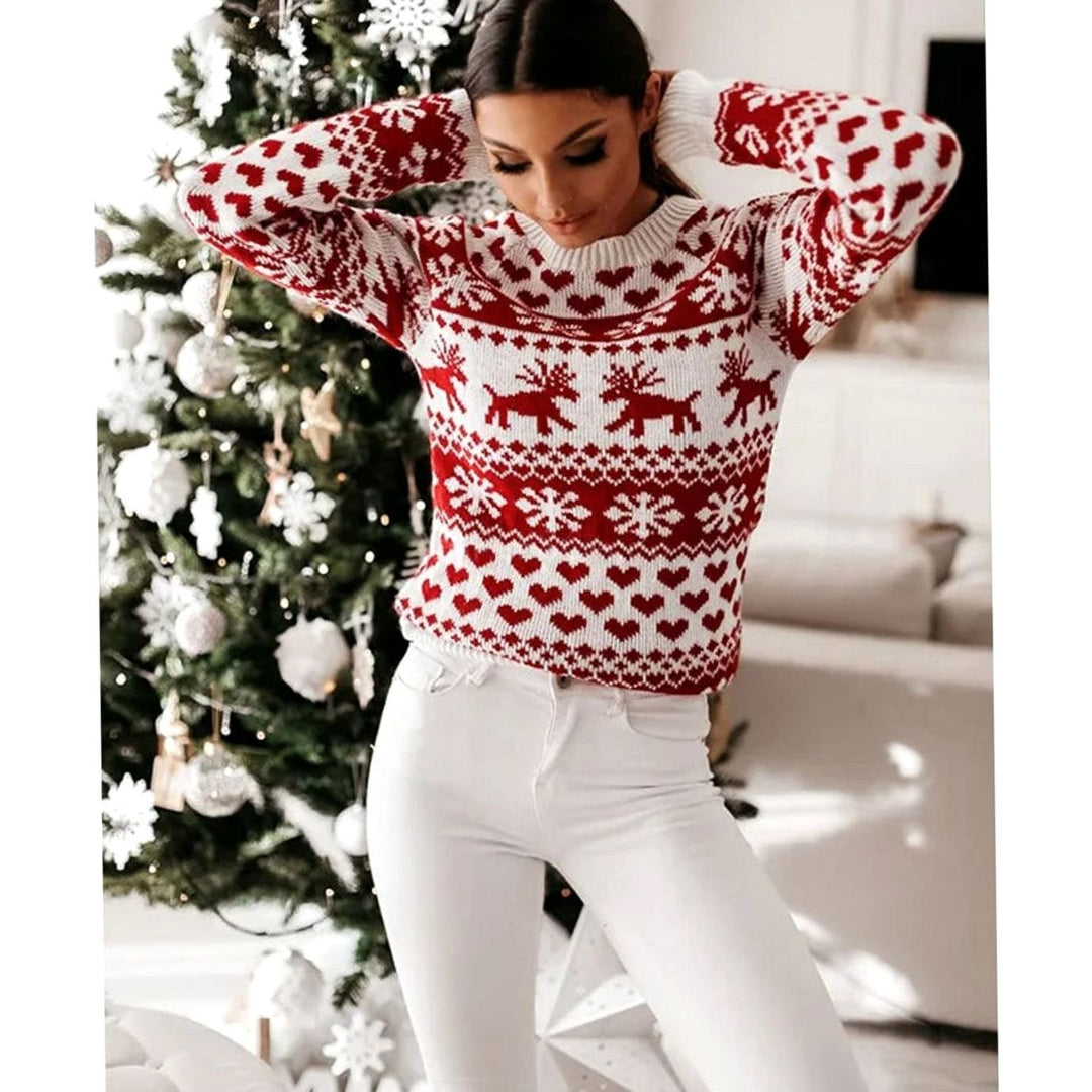 Damen Weihnachtspullover Fair-Isle-Strick Rentier Schneeflocke Rundhals