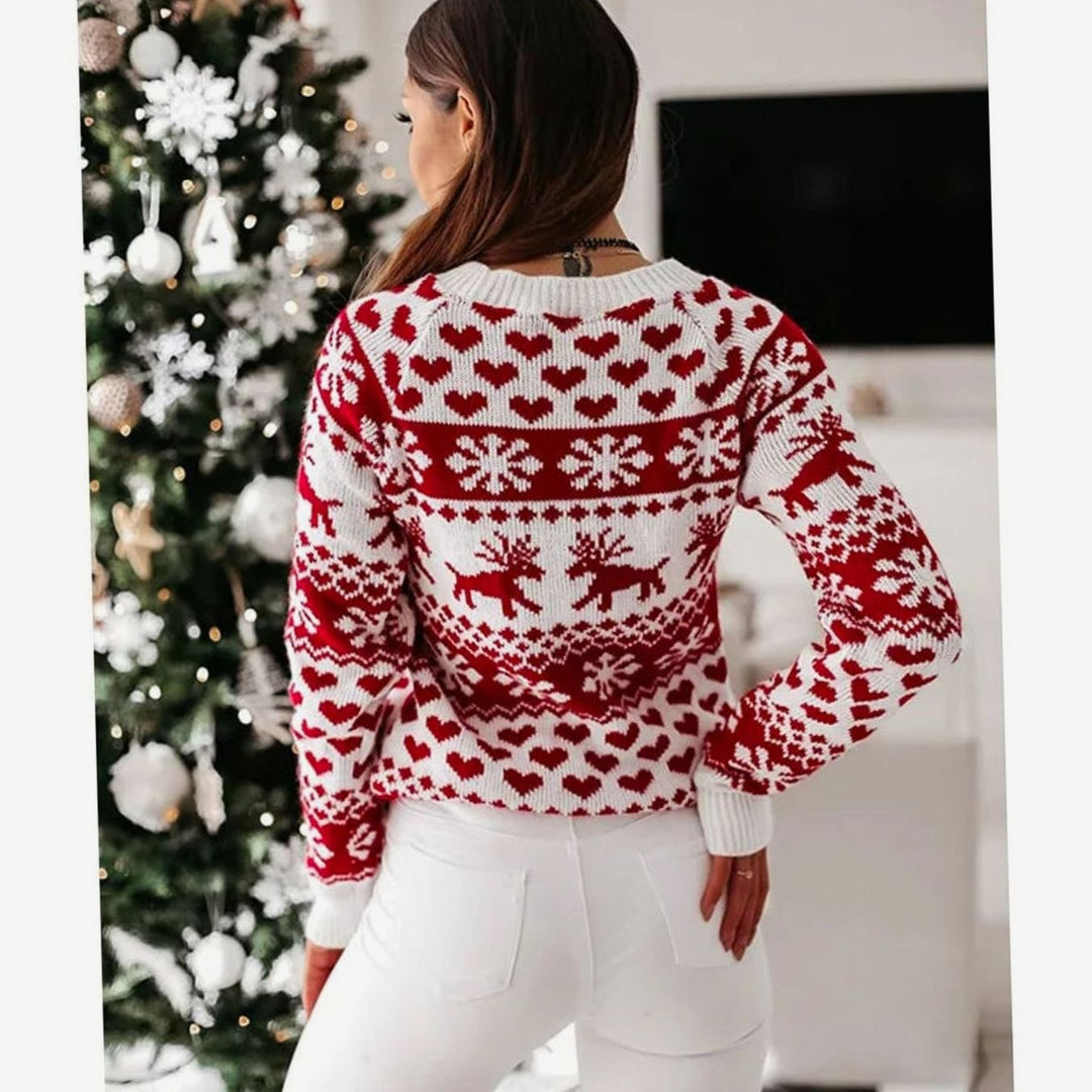 Damen Weihnachtspullover Fair-Isle-Strick Rentier Schneeflocke Rundhals