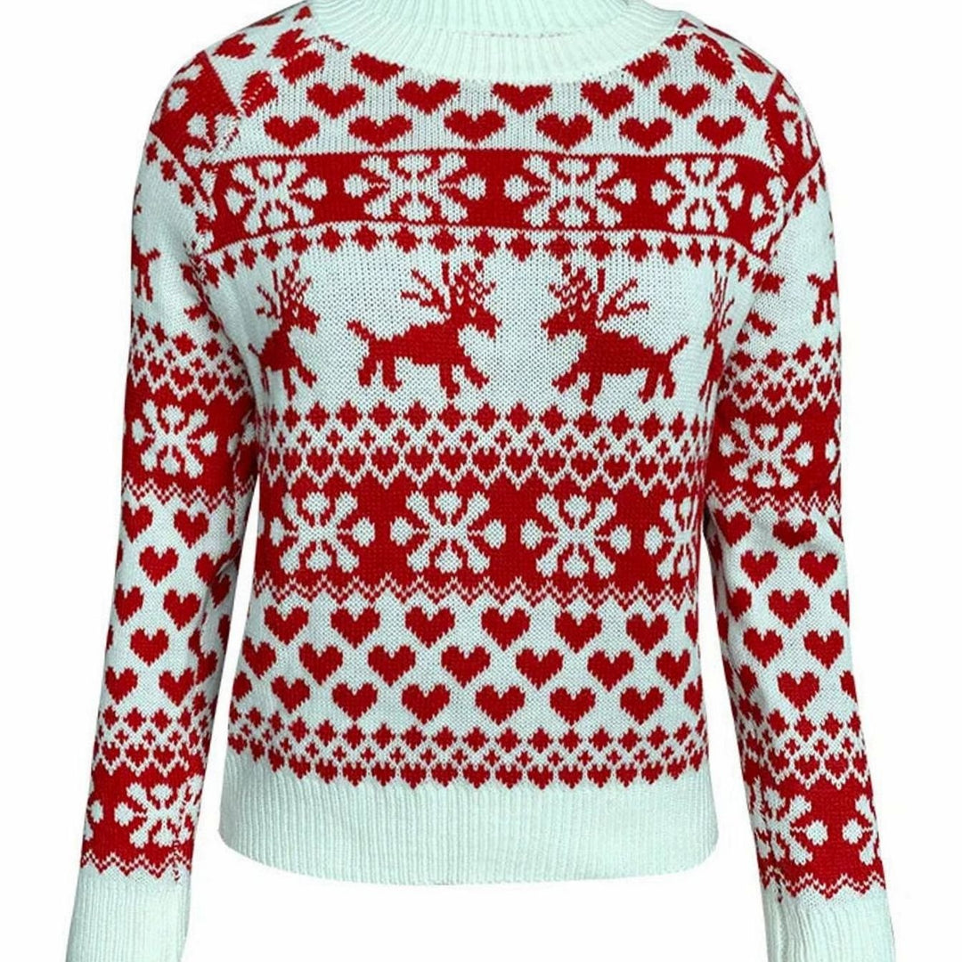 Damen Weihnachtspullover Fair-Isle-Strick Rentier Schneeflocke Rundhals