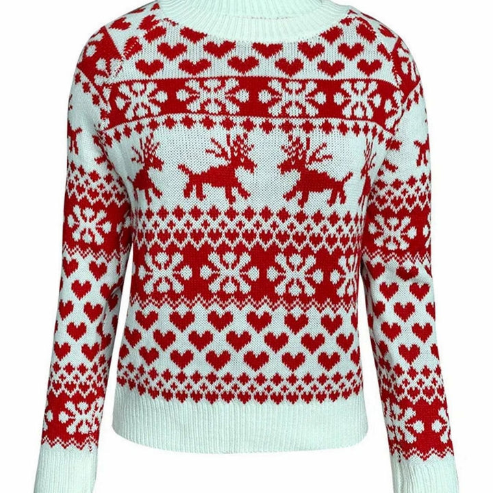 Damen Weihnachtspullover Fair-Isle-Strick Rentier Schneeflocke Rundhals