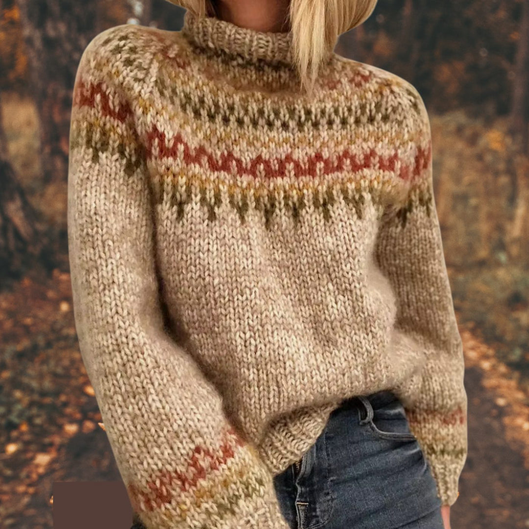 Damen Weihnachtspullover Fair Isle Strick Rollkragen Pullover - Karamellbraun