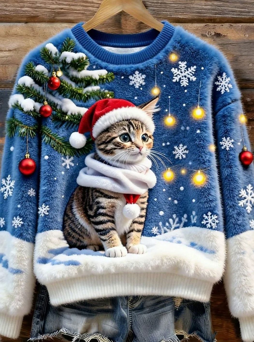 Damen Weihnachtspullover Katzenmotiv Fleece Rundhals Sweatshirt - A