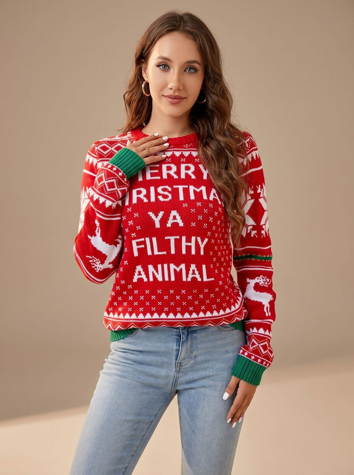 Damen Weihnachtspullover Langarm Rentier Strickpullover - Rot 3