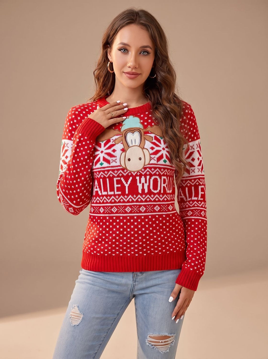 Damen Weihnachtspullover Langarm Rentier Strickpullover - Rot 2