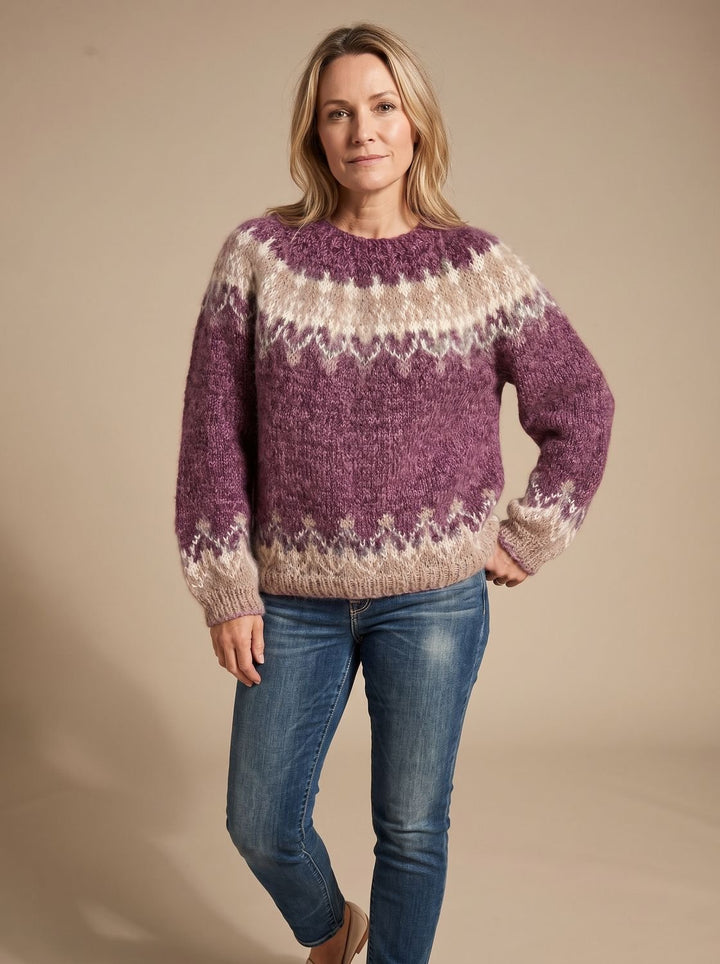 Damen Weihnachtspullover Nordischer Jacquard-Strickpullover Rundhals - Rot