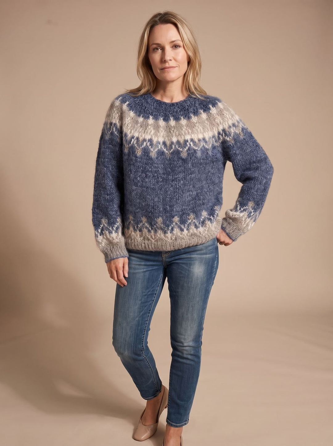 Damen Weihnachtspullover Nordischer Jacquard-Strickpullover Rundhals - Blau