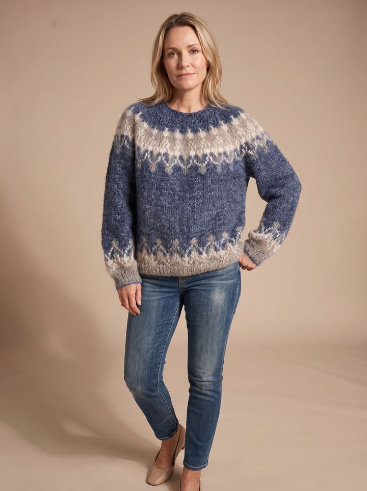 Damen Weihnachtspullover Nordischer Jacquard-Strickpullover Rundhals - Blau