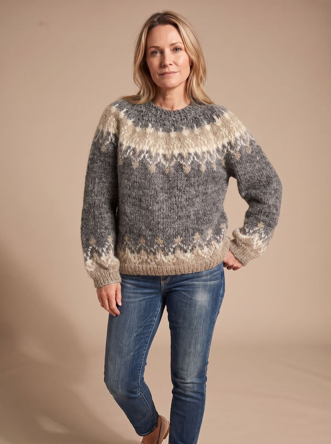 Damen Weihnachtspullover Nordischer Jacquard-Strickpullover Rundhals - Hellgrau