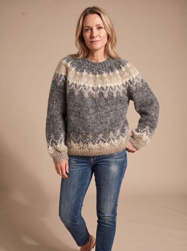 Damen Weihnachtspullover Nordischer Jacquard-Strickpullover Rundhals - Hellgrau
