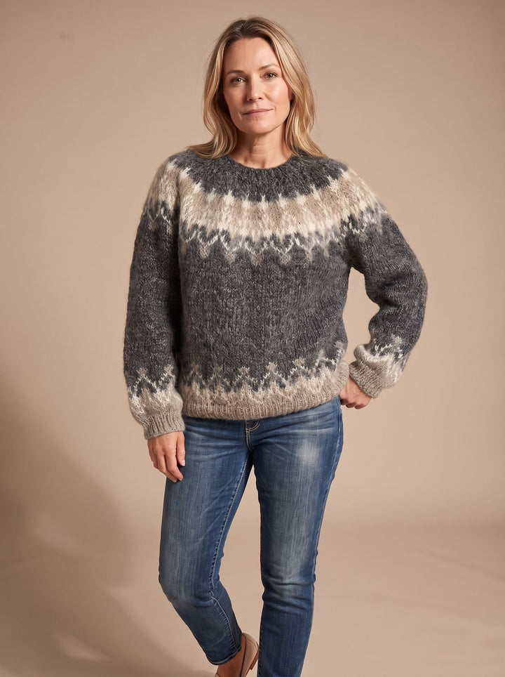Damen Weihnachtspullover Nordischer Jacquard-Strickpullover Rundhals - Dunkelgrau