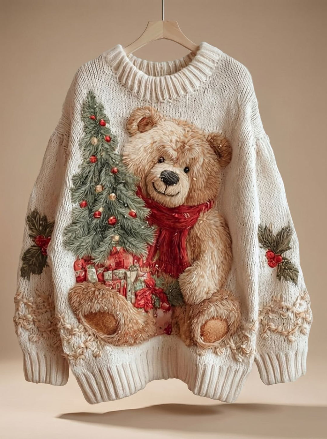 Damen Weihnachtspullover Teddy-Motiv Oversized Strickpullover