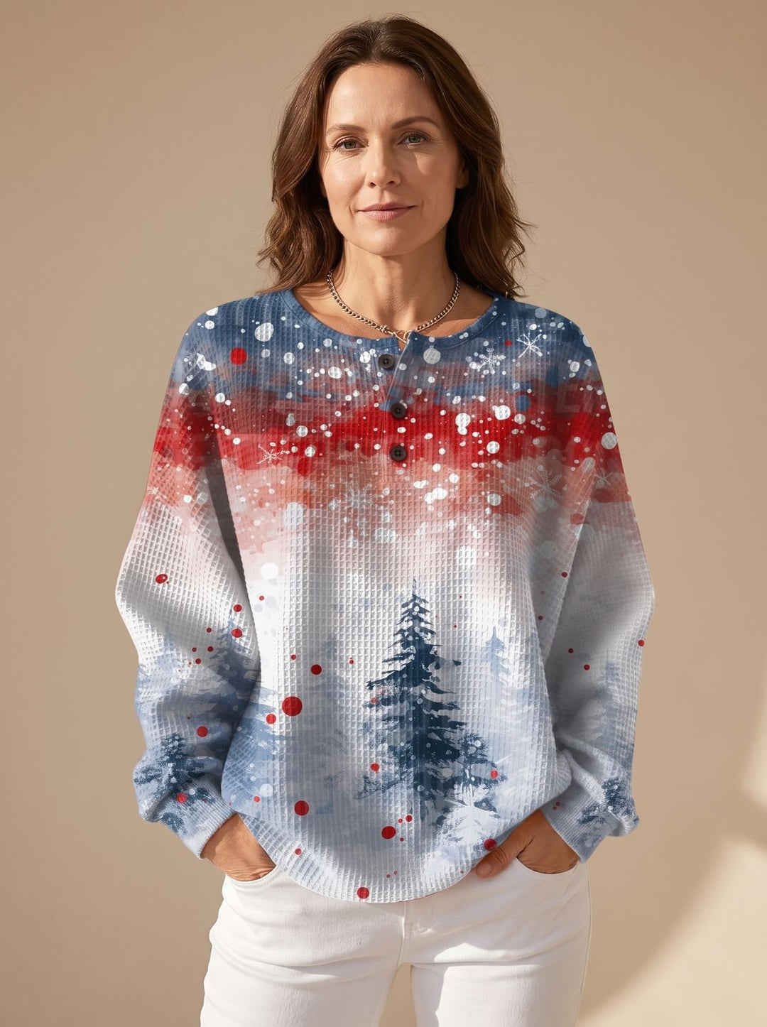Damen Weihnachtspullover Waffelstrick Tannenbaum Langarmshirt - Weihnachten