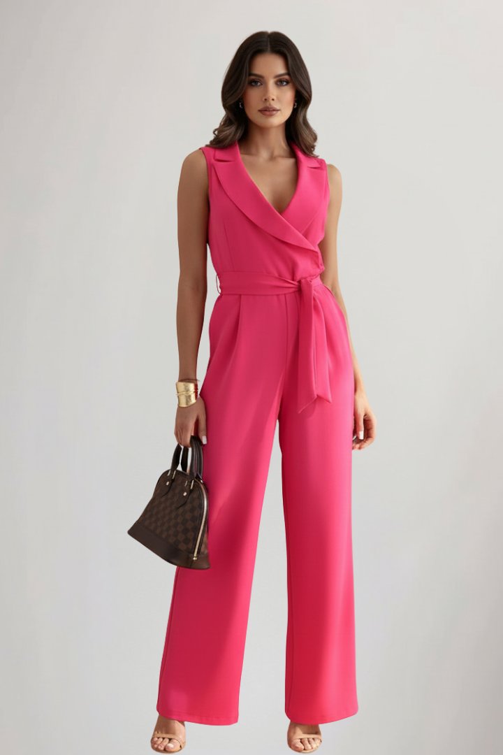 Damen Weitbein-Jumpsuit Blazerkragen Bindegürtel - Fuchsia Pink
