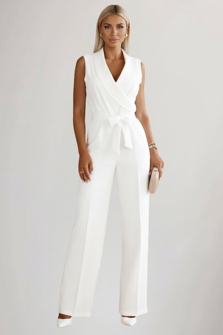 Damen Weitbein-Jumpsuit Blazerkragen Bindegürtel - White