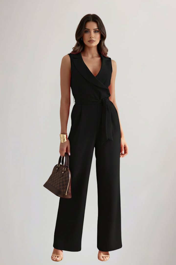 Damen Weitbein-Jumpsuit Blazerkragen Bindegürtel - Black