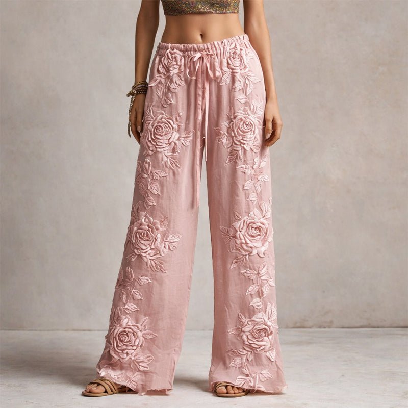 Damen Weite Hose mit Blumenstickerei und Kordelzug - Pink