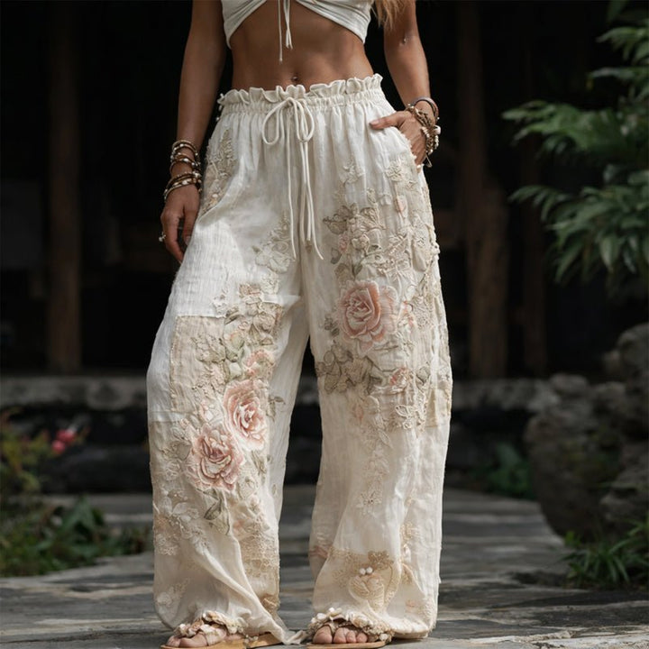 Damen Weite Hose mit Blumenstickerei und Kordelzug - Beige