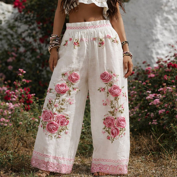 Damen Weite Hose mit Blumenstickerei und Kordelzug - White
