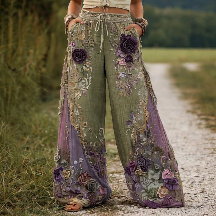 Damen Weite Hose mit Blumenstickerei und Kordelzug - Green