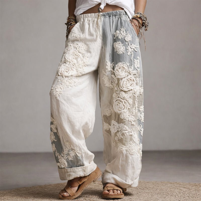 Damen Weite Hose mit Blumenstickerei und Kordelzug - Gray